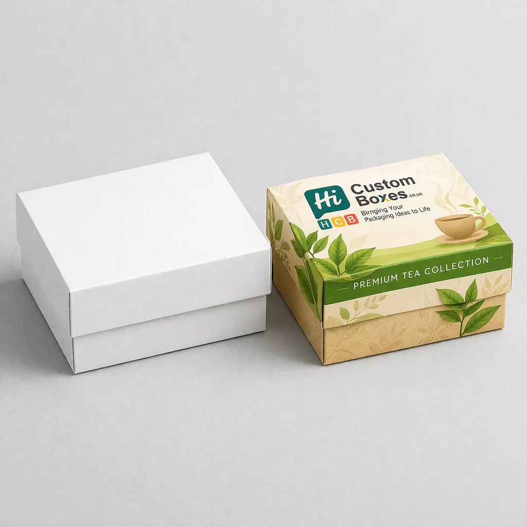Two-piece rigid tea collection boxes with a plain white option and a premium printed lid. class=